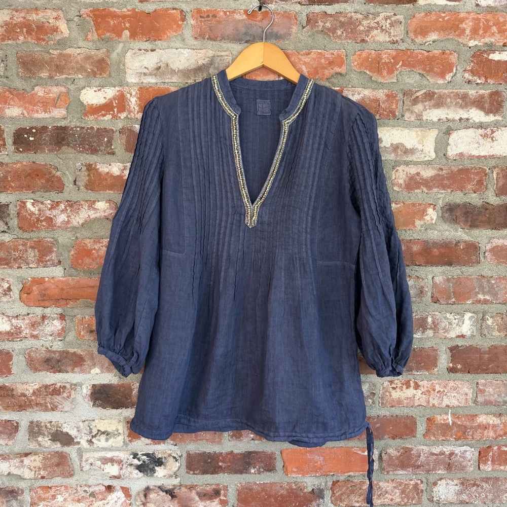 120%‎ Lino Navy Beaded Linen Blouse Split Neck US 8 - Picture 2 of 14